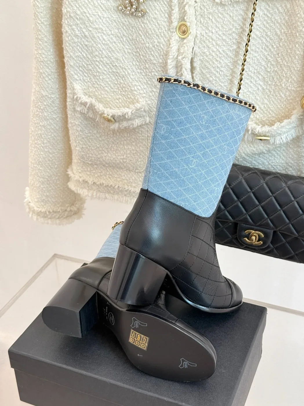 Chanel Double C Chunky Heel Boots With Chain Detail Light Blue Denim