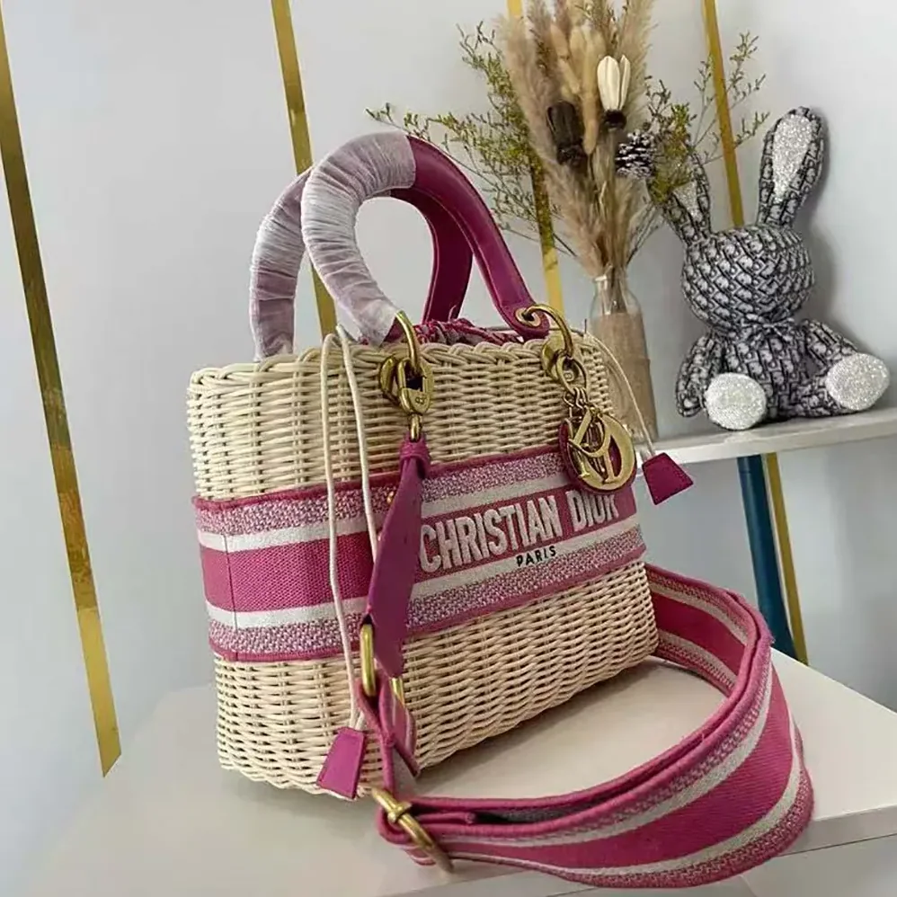 Dior Medium Lady Dior Bag Natural Wicker and Pink Dior Oblique Jacquard for Women Dior Medium Lady Dior Bag Natural Wicker and Pink Dior Oblique Jacquard for Women