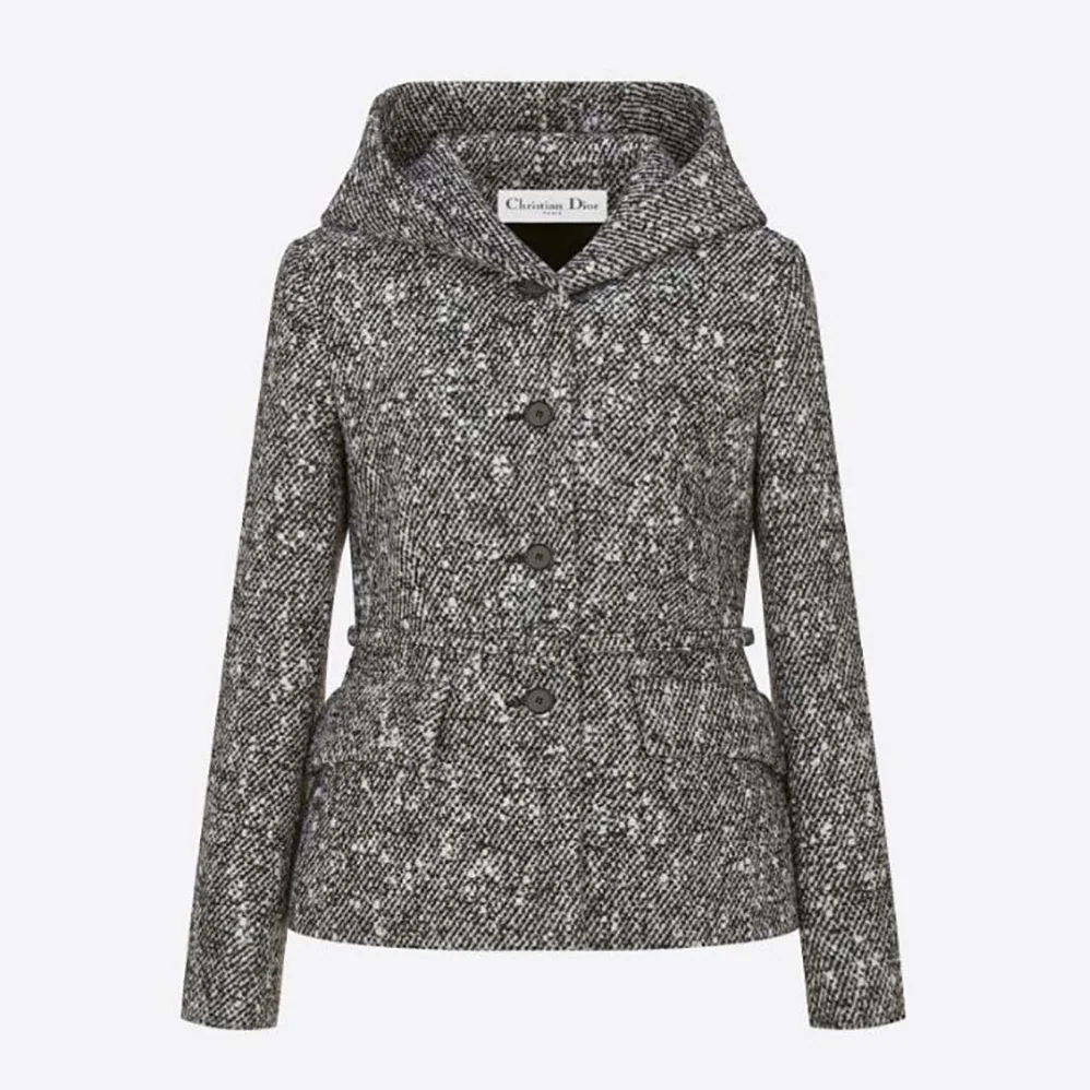 Dior Fitted Hooded Jacket Black and White Technical Wool Tweed and Silk for Women