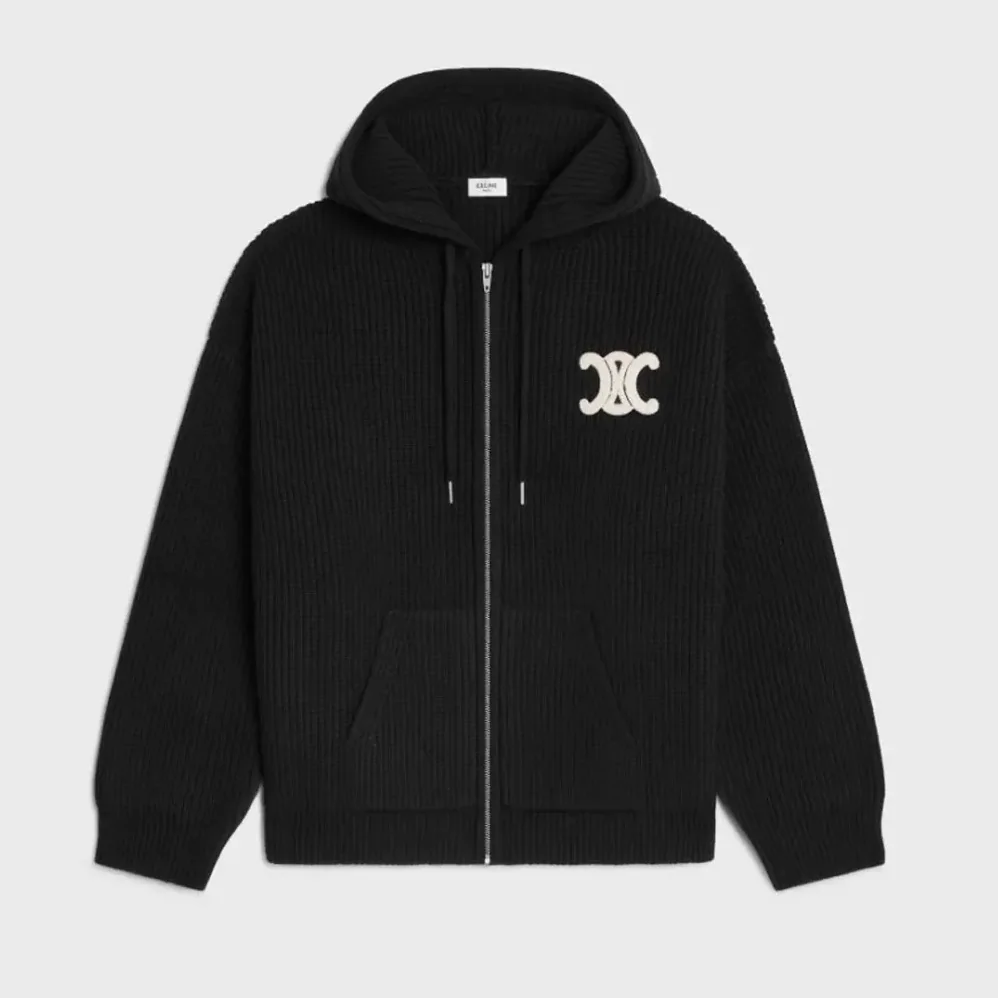 Celine Hooded Cardigan in Ribbed Wool for Women in Black