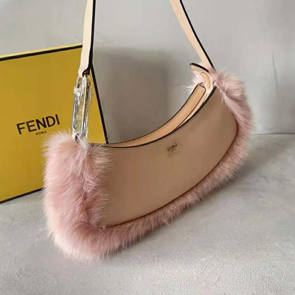 Fendi O'Lock Swing Pale Pink Leather and Fox Fur Pouch for Women