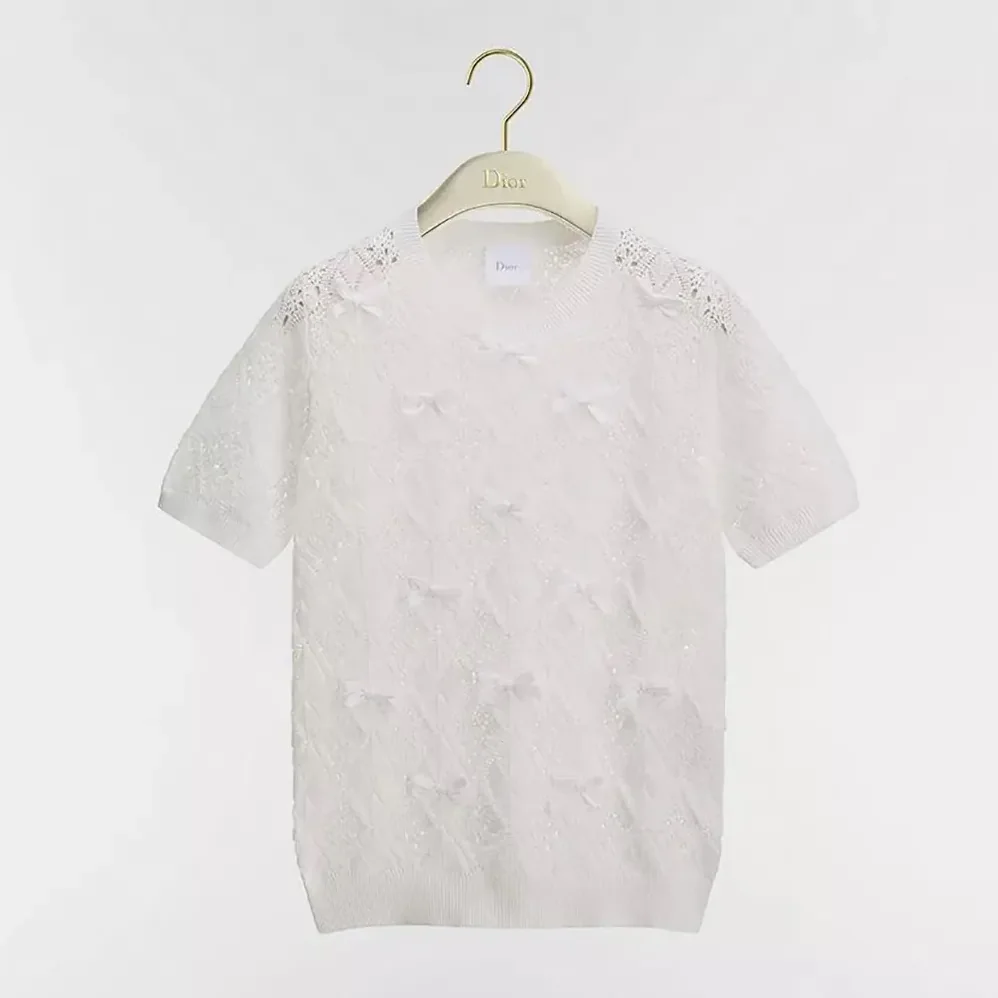 Dior Dioriviera Embroidered Short-Sleeved Sweater Ecru Openwork Cotton Knit for Women Dior Dioriviera Embroidered Short-Sleeved Sweater Ecru Openwork Cotton Knit for Women