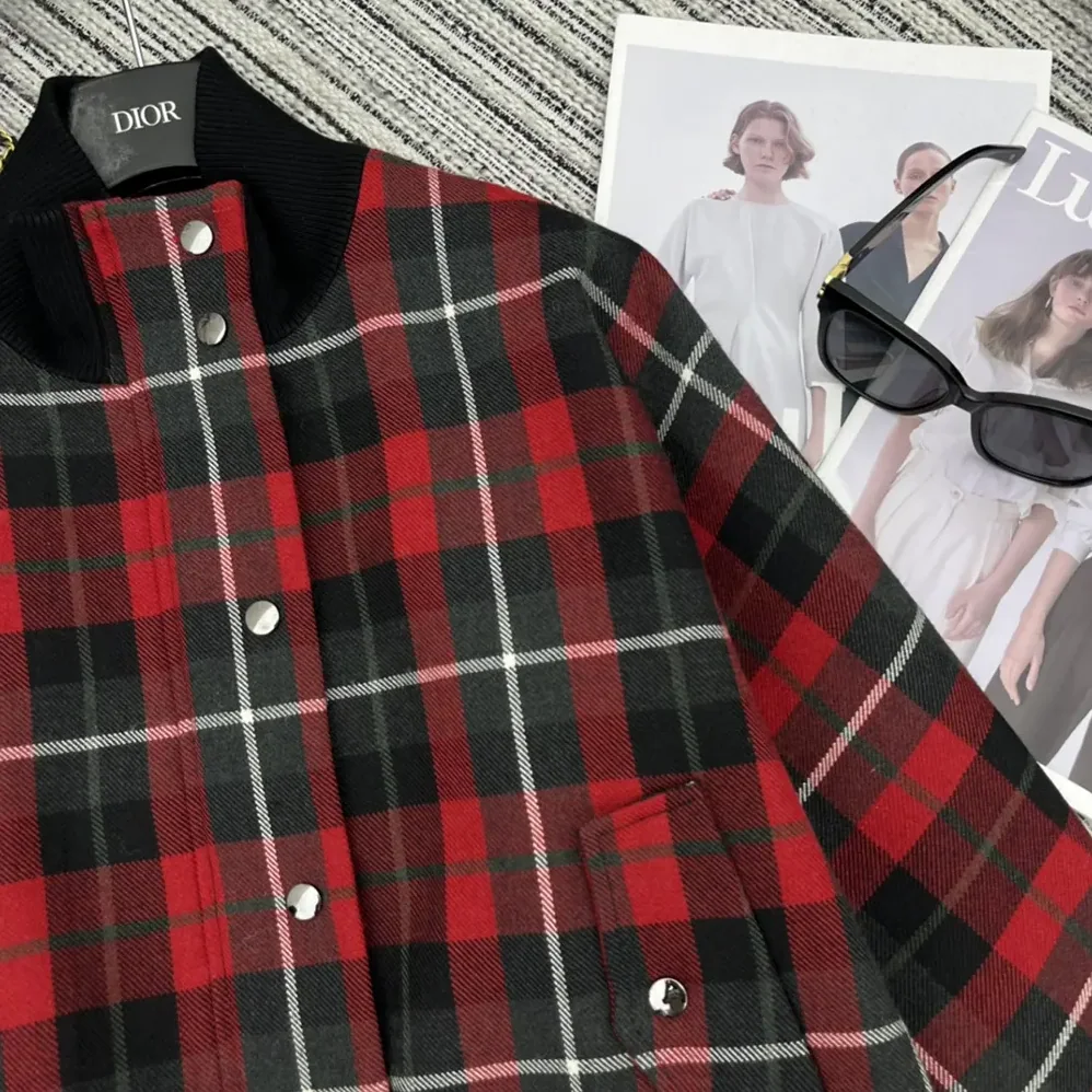 Dior Cannage Bomber Jacket with Vest Red, Gray and Black Check'n'Dior Virgin Wool for Women
