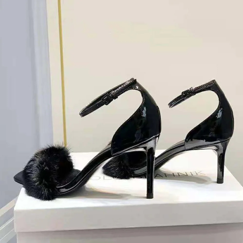 Saint Laurent YSL Bea Sandals in Patent Leather and Mink for Women Saint Laurent YSL Bea Sandals in Patent Leather and Mink for Women