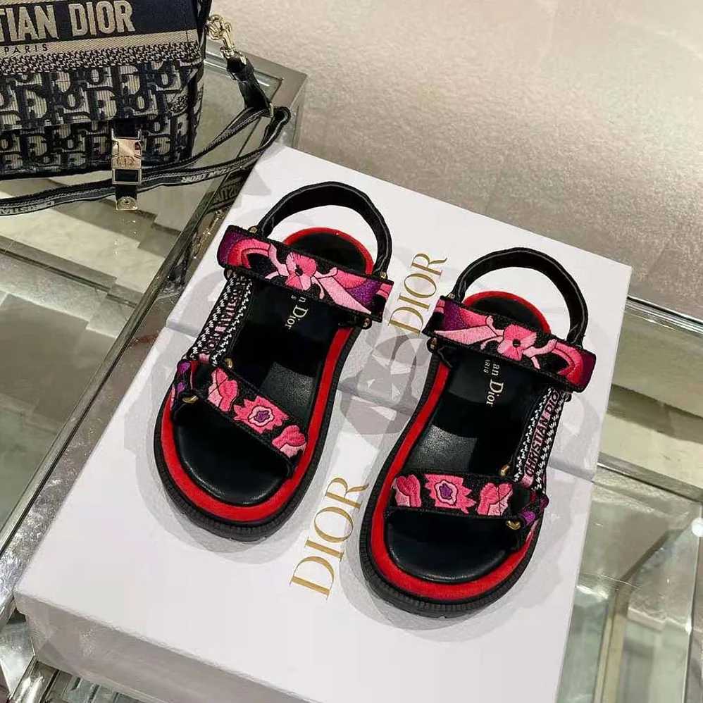 Dior D-wave Sandal Indy Pink Multicolor Cotton with Jardin Indien Embroidery for Women