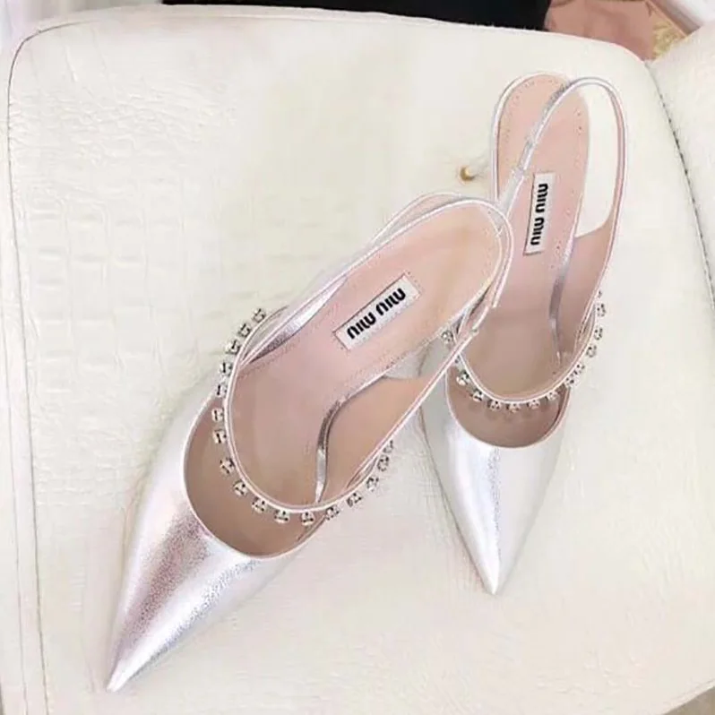 Miu Miu Shoes Nappa Leather Slingbacks with Crystals 85mm Heel for Women in Silver