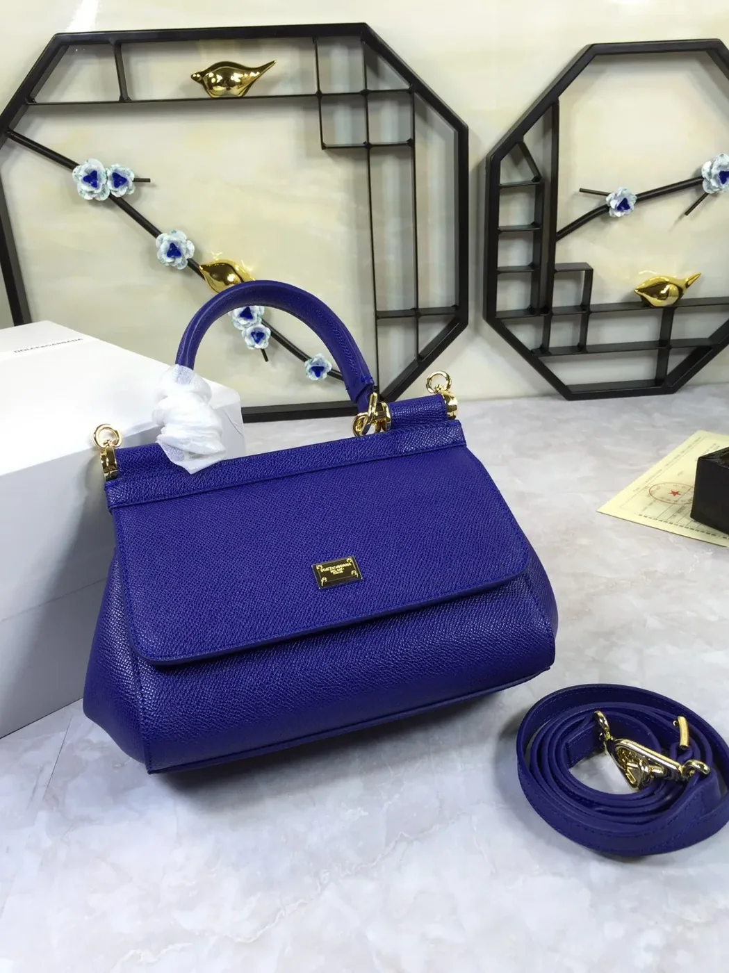 Dolce & Gabbana Medium Sicily Handbag In Dauphine Dark Blue / DG