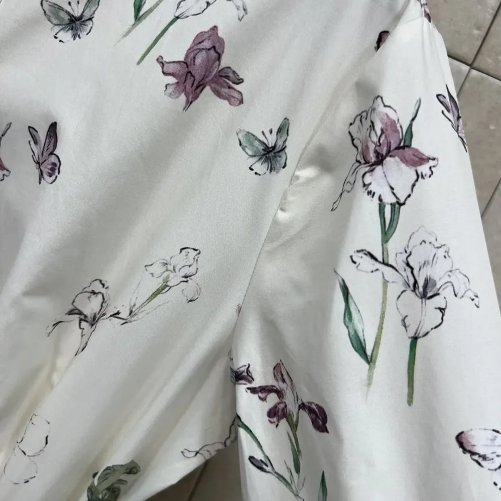 Dior Mid-Length Belted Shirtdress Beige Silk Twill with Multicolor Butterflies & Iris Motif for Women