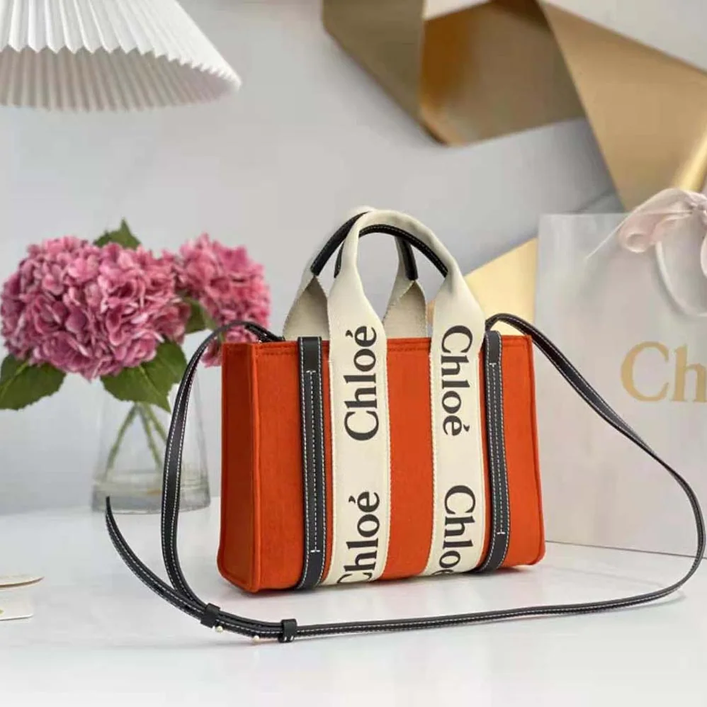 Chloe Small Woody Tote Bag with Strap in Recycled Felt and Shiny Calfskin for Women