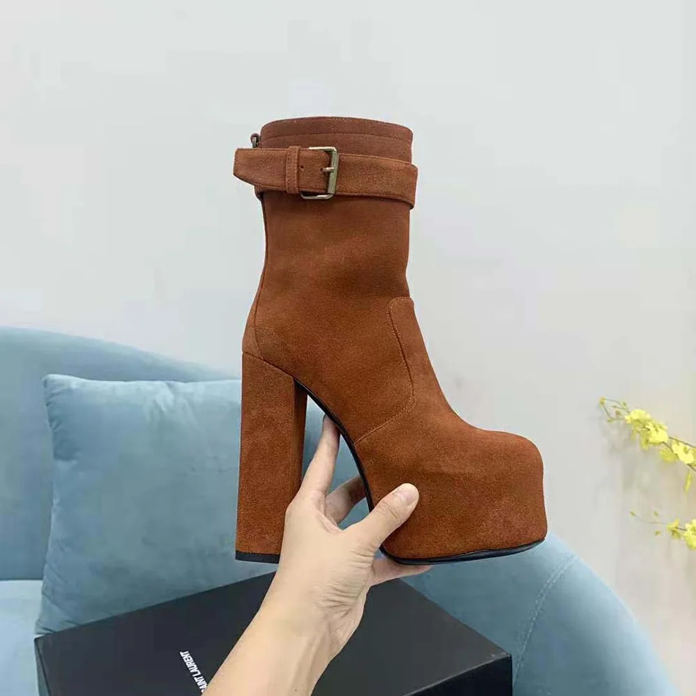 Saint Laurent YSL Cherry Buckle Platform Booties in Suede for Women in Brown Saint Laurent YSL Cherry Buckle Platform Booties in Suede for Women in Brown