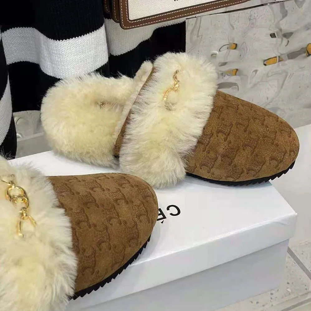 Celine Fur Slides Triomphe Closed Slipper in Suede Calfskin and Shearling for Women Celine Fur Slides Triomphe Closed Slipper in Suede Calfskin and Shearling for Women
