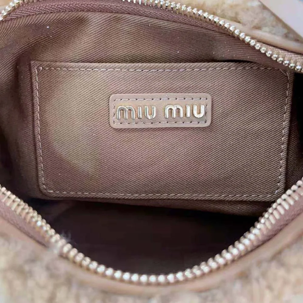Miu Miu Wander Shearling Hobo Bag with Leather Details for Women in Sandy