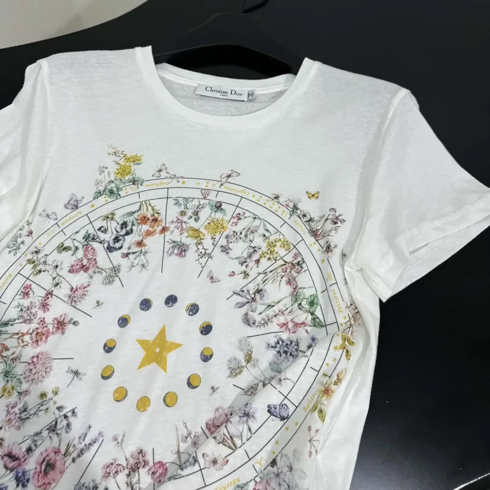 Dior T-Shirt White Cotton Jersey with Multicolor Dior Astral Flowers Motif for Men