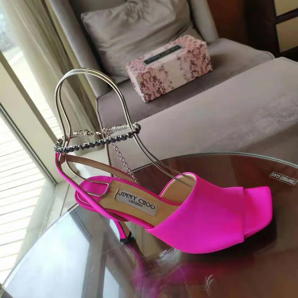 Jimmy Choo Sae 90 Fuchsia Satin Sandals with Crystal Chain Embellishment for Women Jimmy Choo Sae 90 Fuchsia Satin Sandals with Crystal Chain Embellishment for Women
