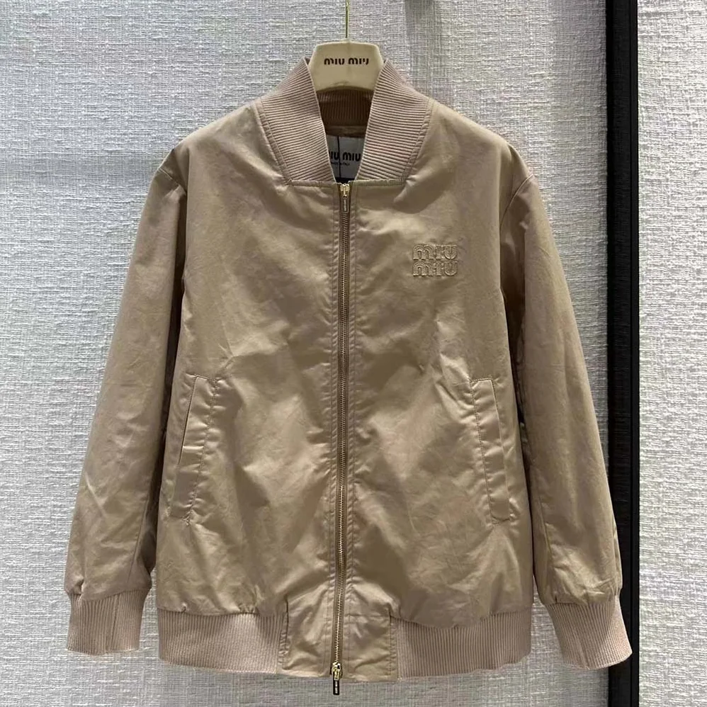 Miu Miu Chino Blouson Jacket with Embroidered Logo for Women Miu Miu Chino Blouson Jacket with Embroidered Logo for Women