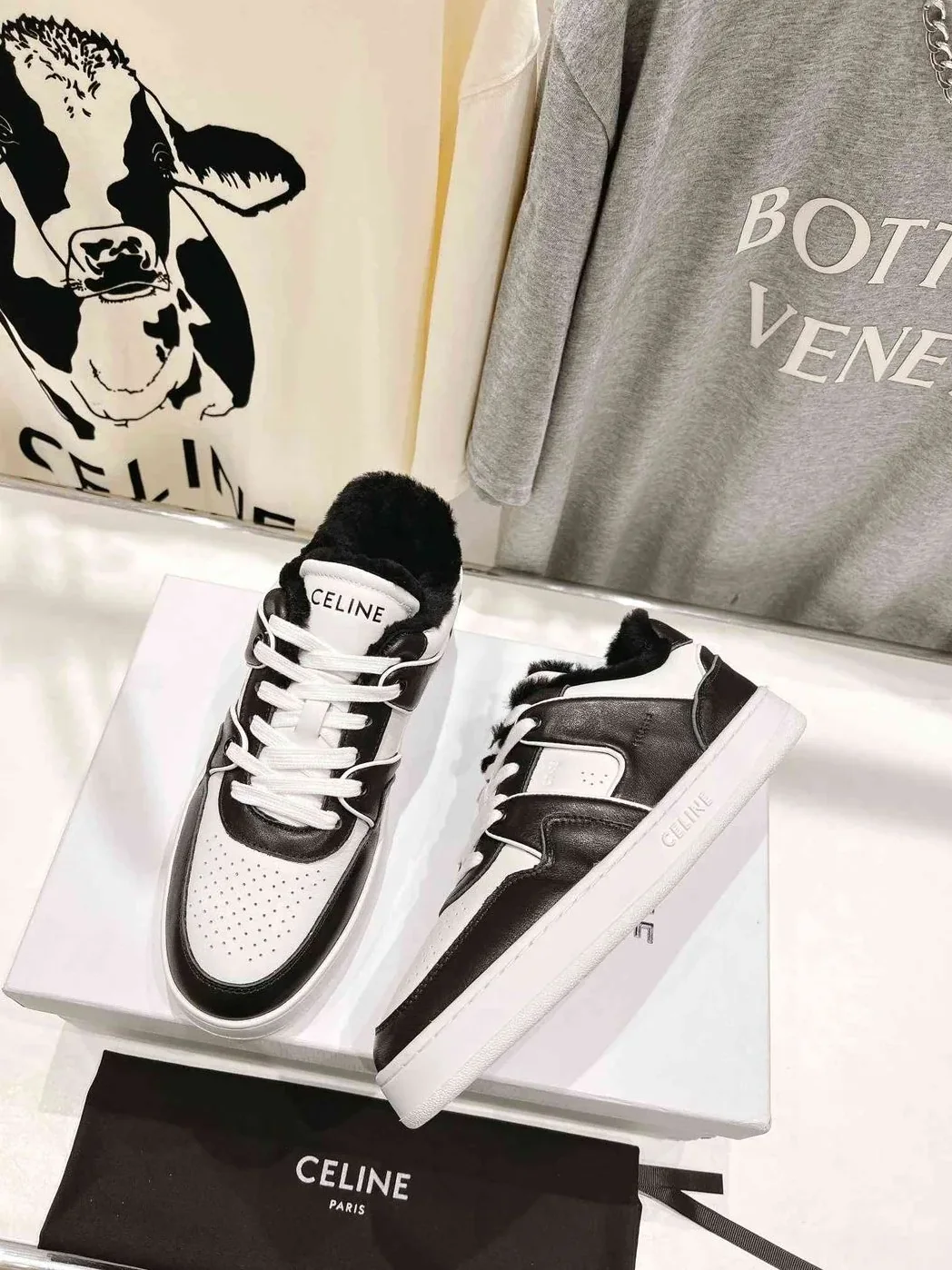 Celine Trainer Low Lace-Up Sneaker With Fur Black