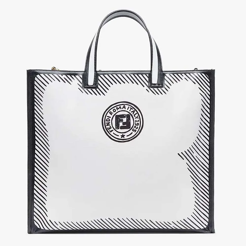 Fendi Shopper White Glazed Canvas Bag for Women