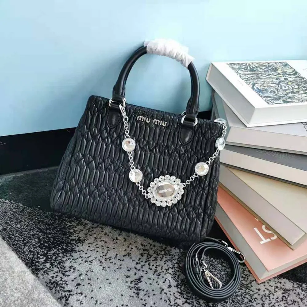 Miu Miu Miu Crystal Cloqué Nappa Leather Handbag for Women in Black Miu Miu Miu Crystal Cloqué Nappa Leather Handbag for Women in Black