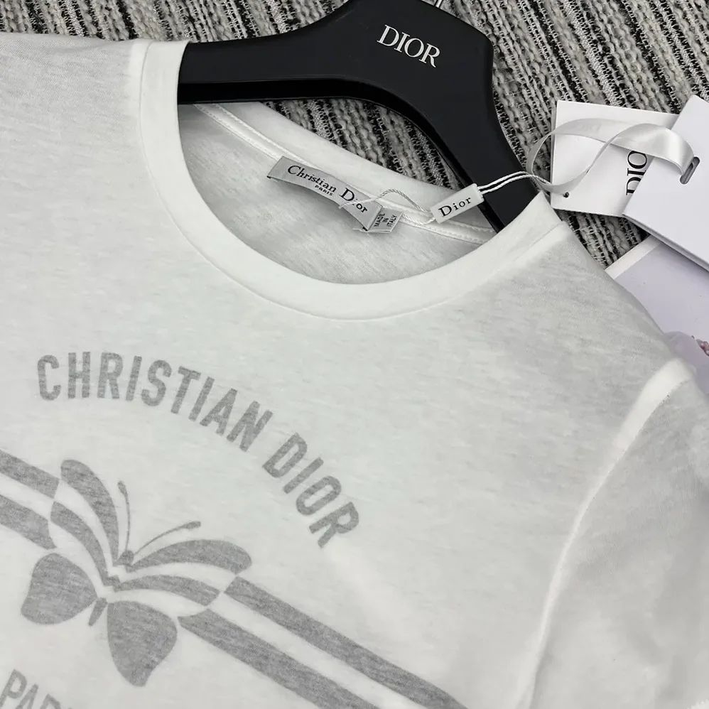 Dior T-Shirt White Cotton and Linen Jersey with Gray Christian Dior Papillon Motif for Women