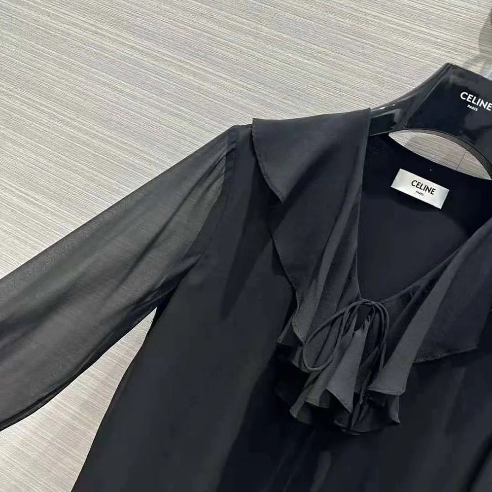 Celine Jabot Mini Dress in Silk Georgette for Women in Black Celine Jabot Mini Dress in Silk Georgette for Women in Black