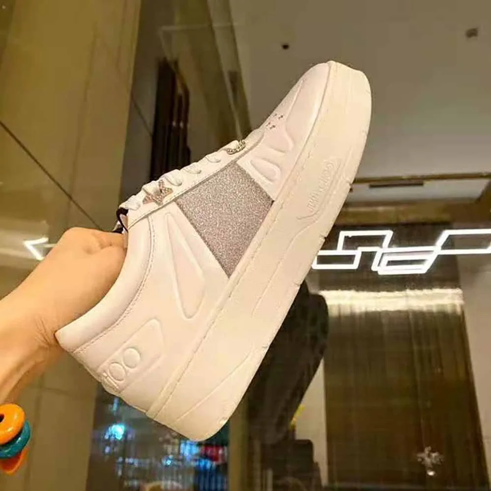 Jimmy Choo Hawaii F White Calf Leather Lace-Up Trainers with Glitter Stripe for Women Jimmy Choo Hawaii F White Calf Leather Lace-Up Trainers with Glitter Stripe for Women