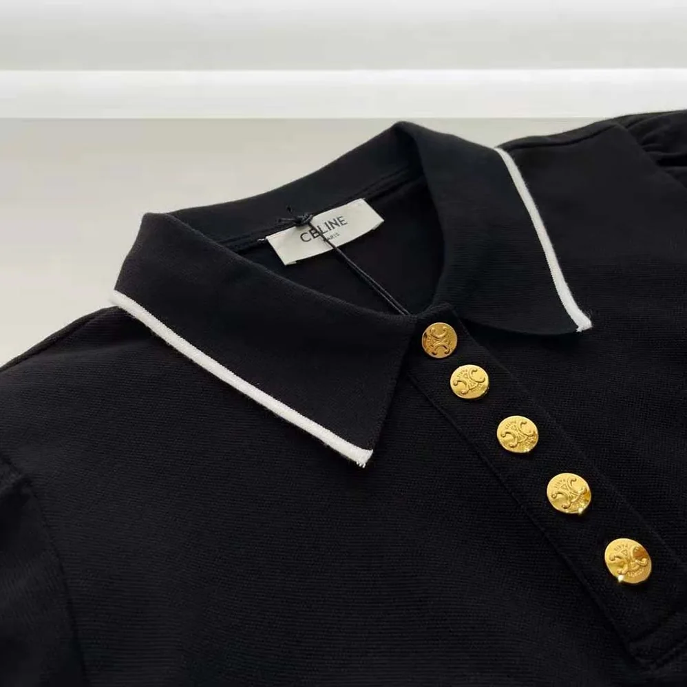 Celine Cropped Triomphe Polo Shirt in Cotton Piqué for Women Celine Cropped Triomphe Polo Shirt in Cotton Piqué for Women