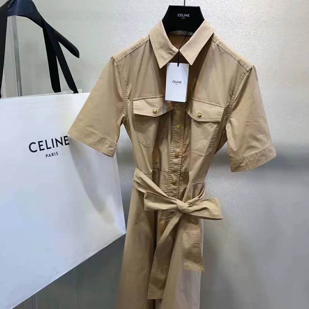 Celine Shirt Dress in Lightweight Cotton for Women in Brown Celine Shirt Dress in Lightweight Cotton for Women in Brown