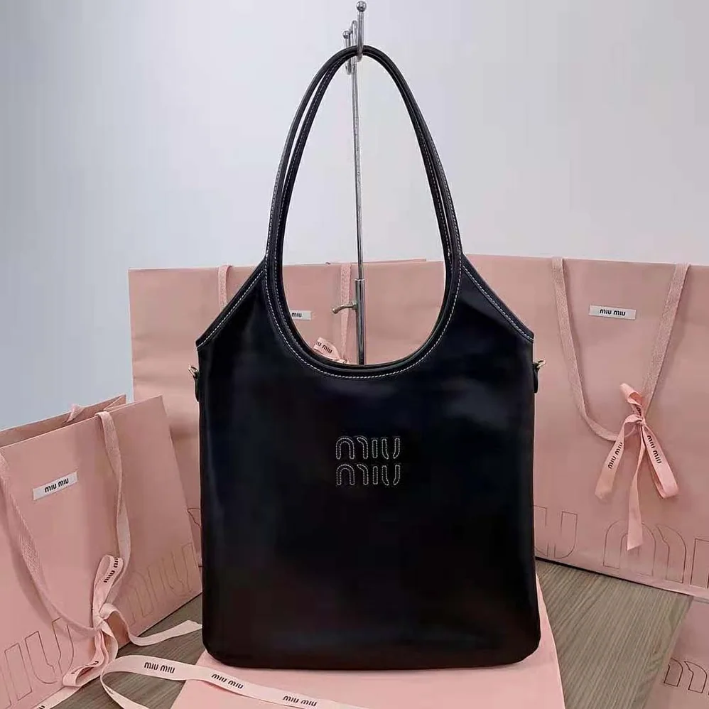 Miu Miu IVY Leather Bag with Leather Lettering Logo for Women in Black Miu Miu IVY Leather Bag with Leather Lettering Logo for Women in Black