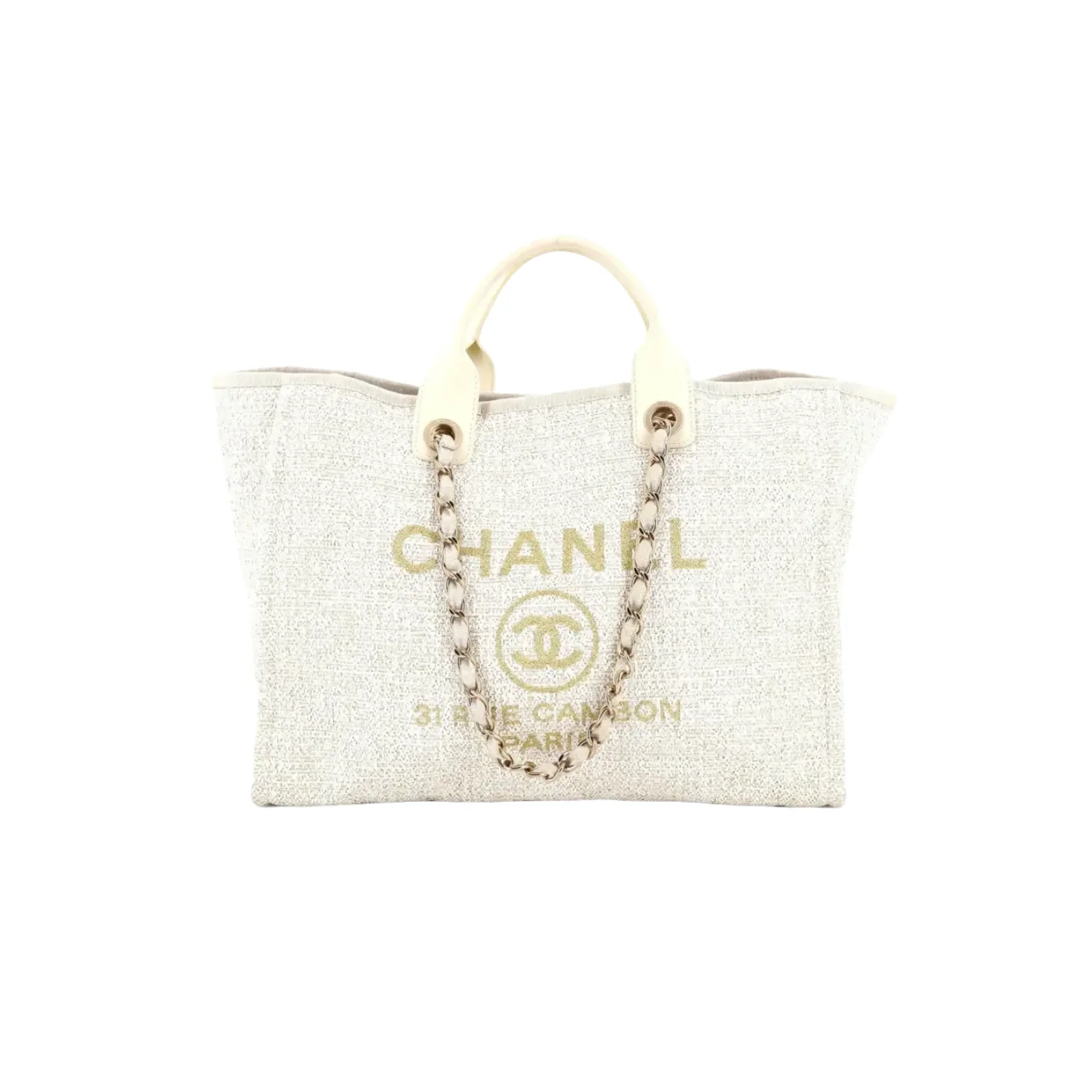 Chanel Deauville Tote Bag / Beige Tweed Canvas Gold Hardware