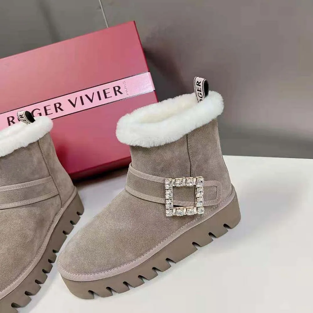 Roger Vivier Viv' Winter Fur Strass Buckle Ankle Boots in Suede for Women in Beige Roger Vivier Viv' Winter Fur Strass Buckle Ankle Boots in Suede for Women in Beige