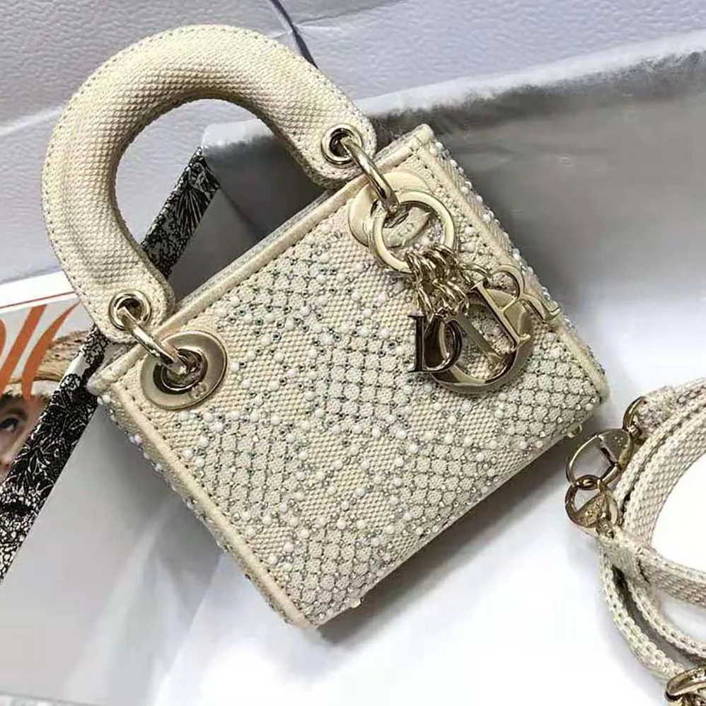 Dior Micro Lady Dior Bag Beige Canvas Embroidered with Metallic Thread Beads and Multicolor Crystals for Women Dior Micro Lady Dior Bag Beige Canvas Embroidered with Metallic Thread Beads and Multicolor Crystals for Women
