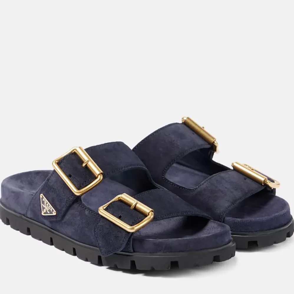 Prada Suede Strap Slides with Metal Buckle for Unisex in Navy Prada Suede Strap Slides with Metal Buckle for Unisex in Navy