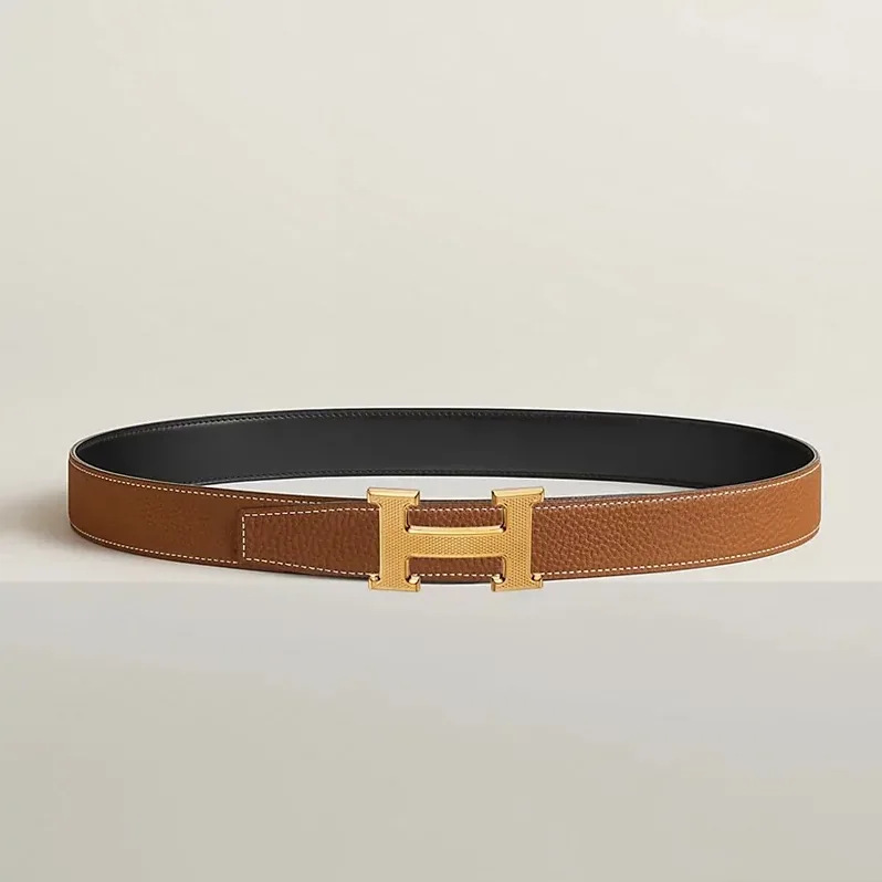 Hermes H Guillochee Belt Buckle And Reversible Leather Strap Noir in Gold