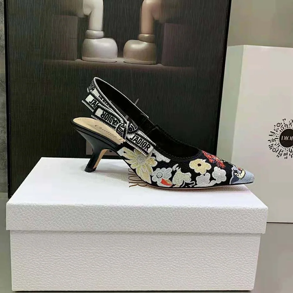 Dior J'adior Slingback Pump Black Multicolor Embroidered Cotton with Toile de Jouy Pop Motif for Women