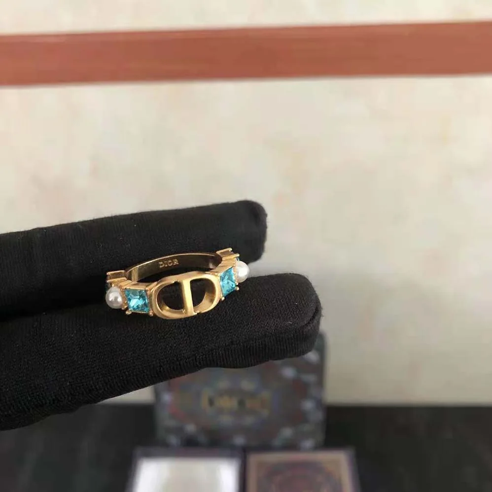 Dior Petit CD Ring Gold-Finish Metal with White Resin Pearls and Light Blue Crystals for Women Dior Petit CD Ring Gold-Finish Metal with White Resin Pearls and Light Blue Crystals for Women