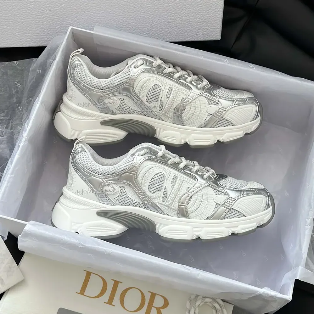 Dior Chrono Sneaker White Mesh with Silver-Tone and White Laminated Leather for Unisex in Effect Inserts