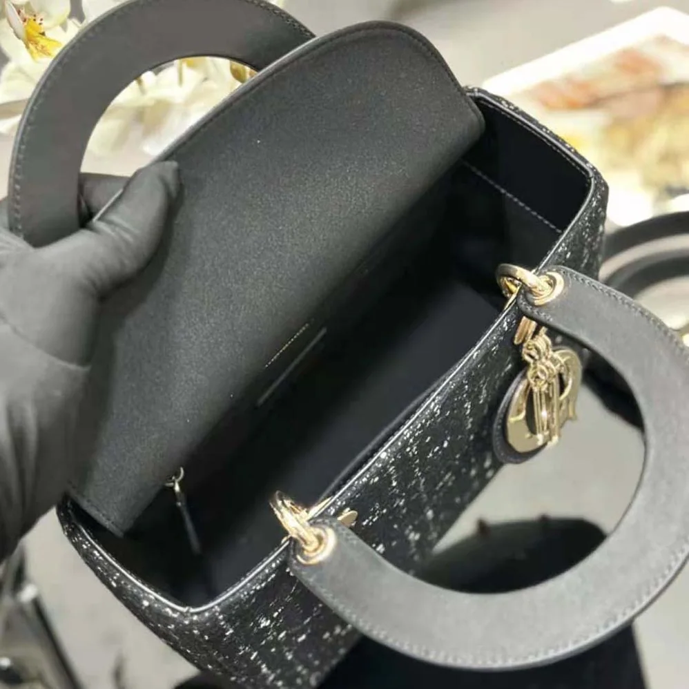 Dior Medium Lady D-lite Bag Black Cannage Tweed for Women Dior Medium Lady D-lite Bag Black Cannage Tweed for Women