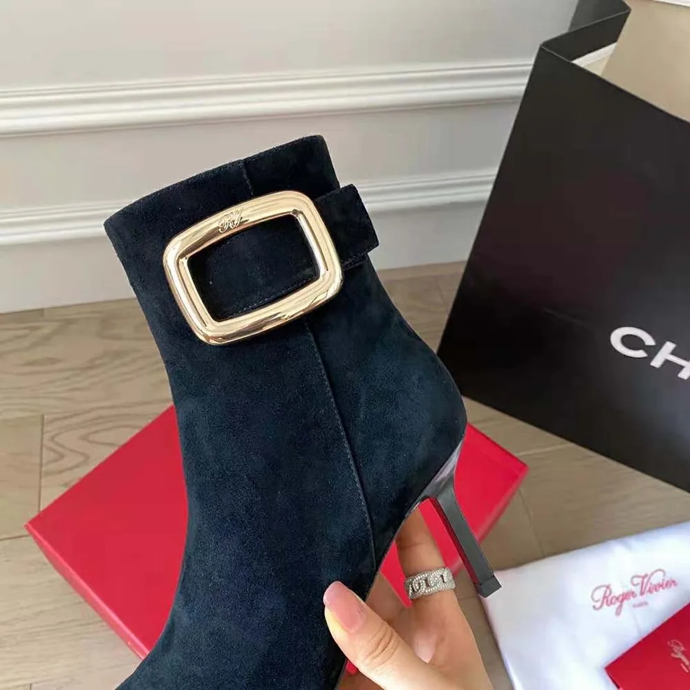 Roger Vivier Viv' Choc Metal Buckle Booties in Suede for Women in Black Roger Vivier Viv' Choc Metal Buckle Booties in Suede for Women in Black