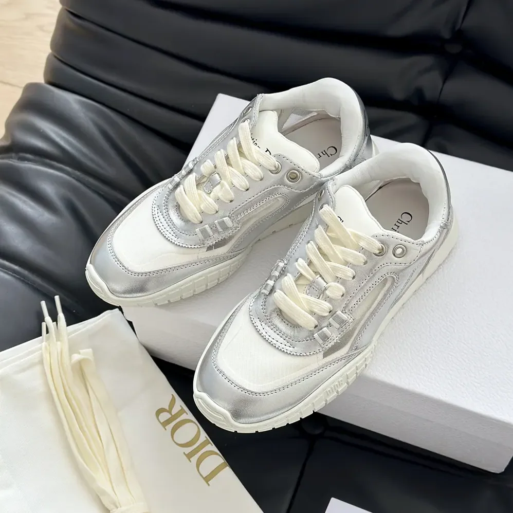 Dior Tech Sneaker Silver-Tone Laminated Grained Calfskin and Transparent Mesh for Unisex