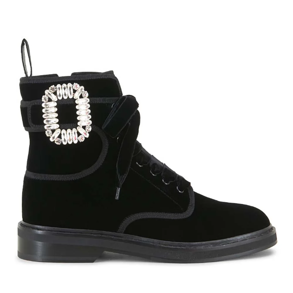 Roger Vivier Shoes Viv' Rangers Strass Buckle Fabric Ankle Boots for Women in Black
