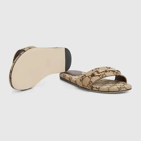 Gucci Horsebit Slide Sandals Beige in Dark Brown