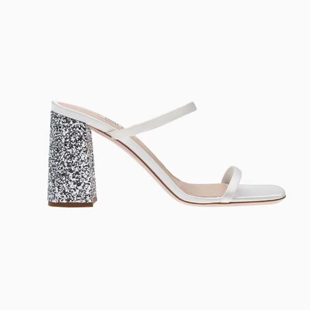 Miu Miu Satin and Glitter Slides in 85 mm Heel Height for Women in White Miu Miu Satin and Glitter Slides in 85 mm Heel Height for Women in White