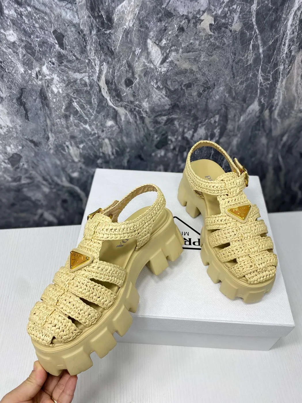 Prada Monolith Crochet Cage Sandals Yellow Prada Monolith Crochet Cage Sandals Yellow