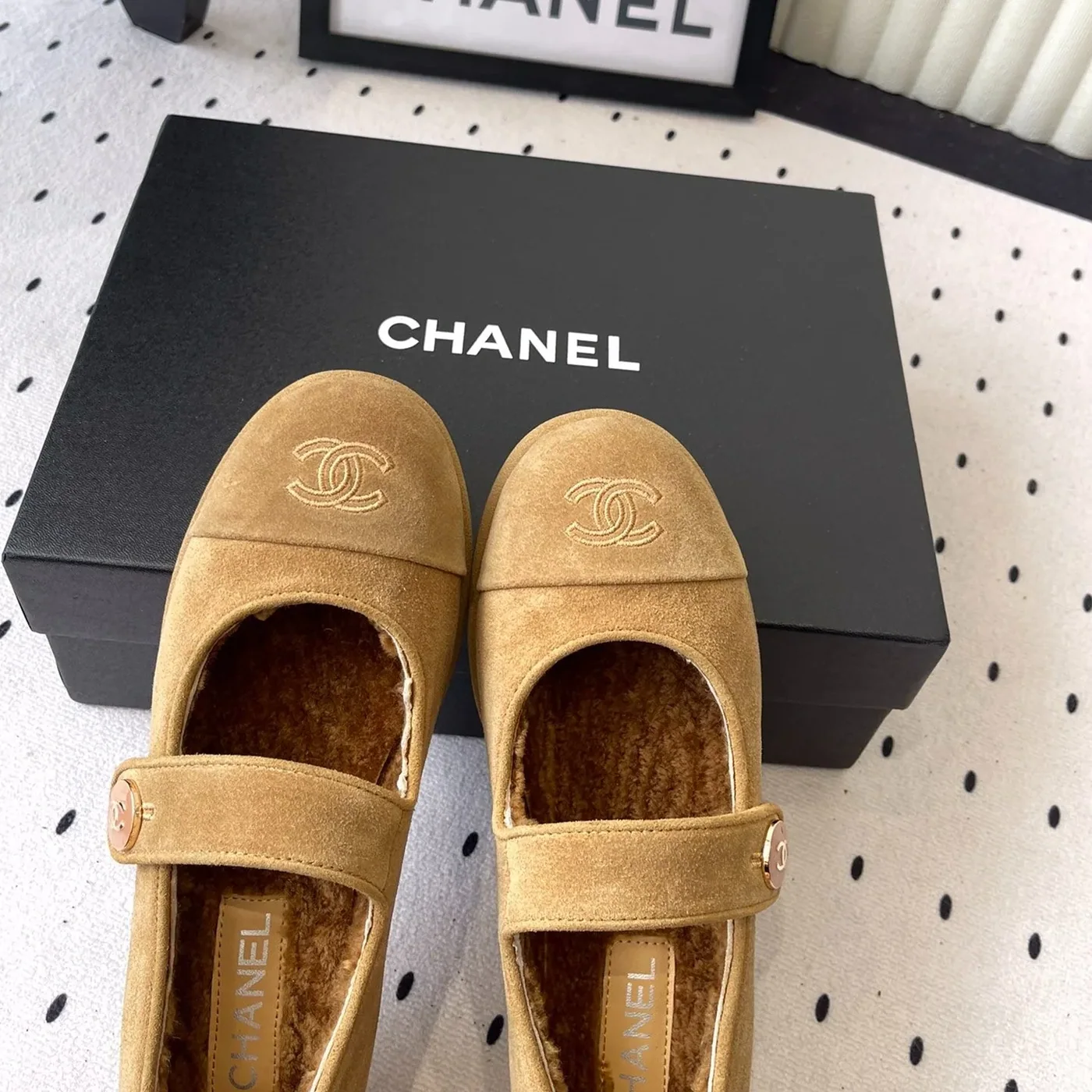 Chanel Mary Jane Flats Tan Suede Shearling