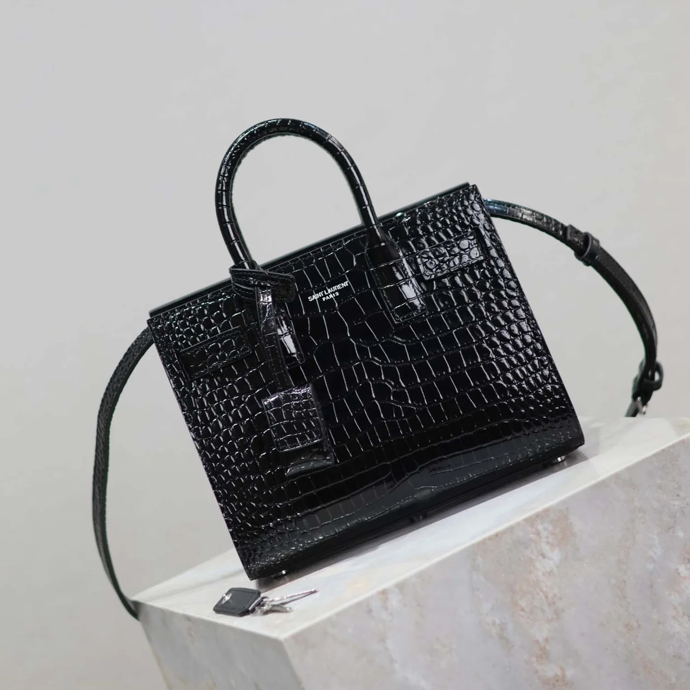 Saint Laurent YSL Sac De Jour in Crocodile Embossed Leather Nano for Women in Black