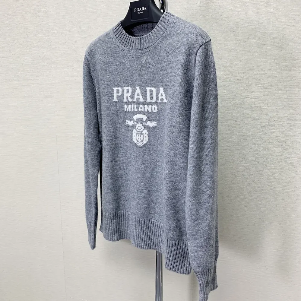 Prada Cashmere and Wool Prada Logo Crew-neck Sweater for Men in Silver