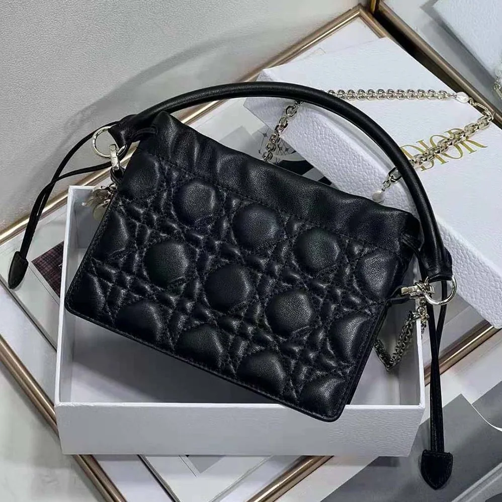 Dior Lady Dior Top Handle Drawstring Mini Bag Black Cannage Lambskin for Women