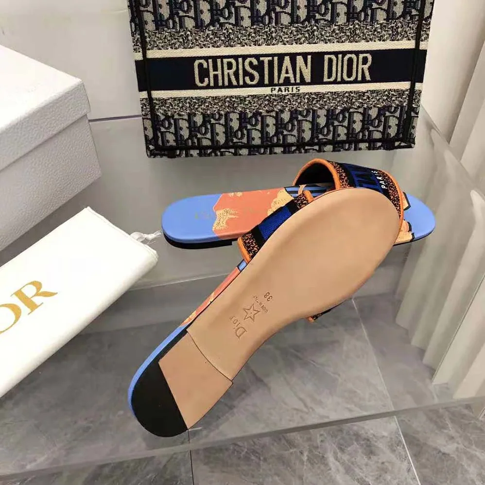 Dior Dway Slide Blue Multicolor D for Women in Flower Pop Cotton Embroidery