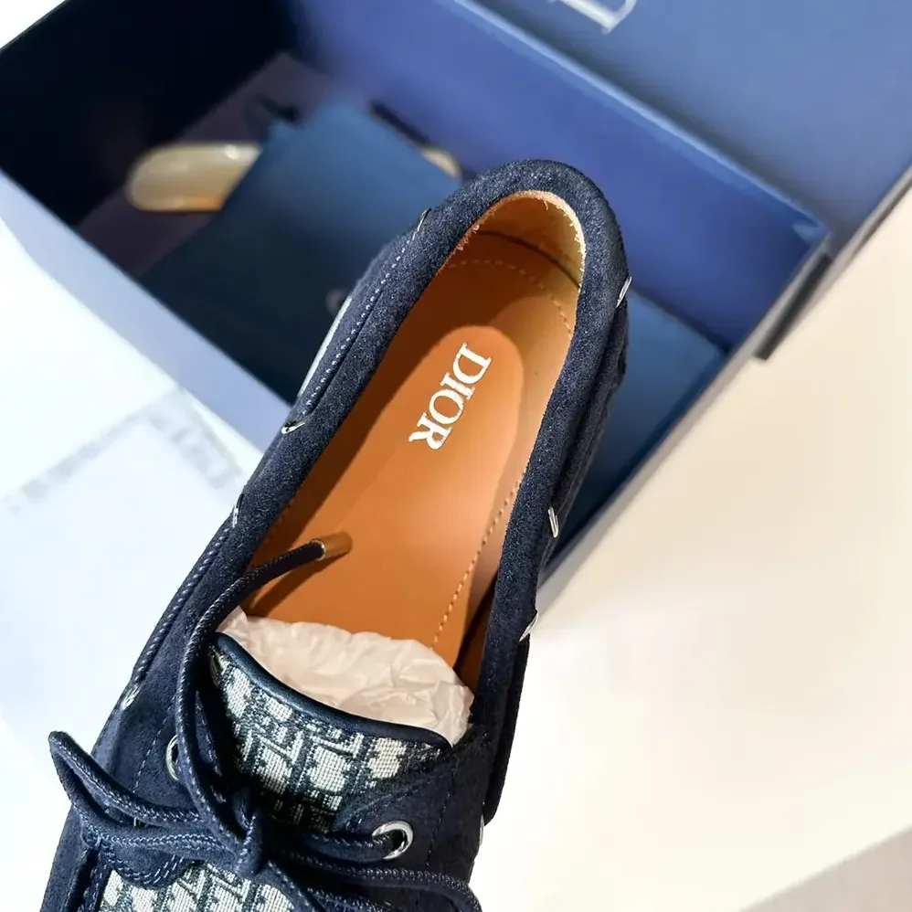 Dior Granville Boat Shoe Navy Blue Suede with Beige and Black Dior Oblique Jacquard for Men Dior Granville Boat Shoe Navy Blue Suede with Beige and Black Dior Oblique Jacquard for Men