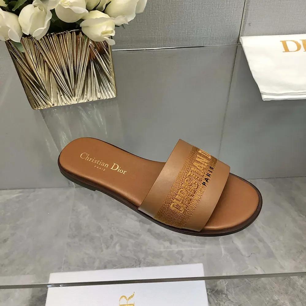 Dior Dway Slide Camel Calfskin and Embroidered Cotton for Women